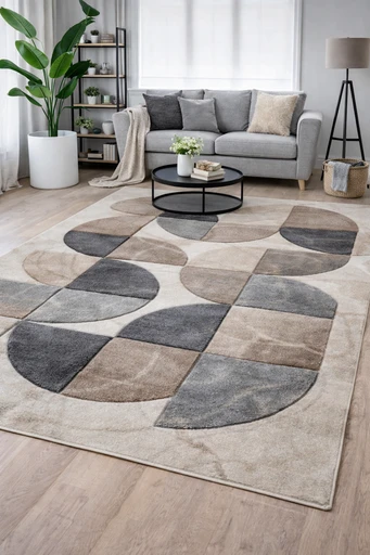 Beige Cream Grey Circles Design Area Rug