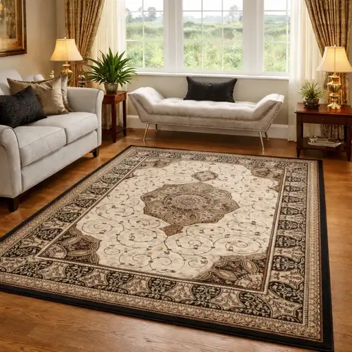 BLACK BEIGE TRADITIONAL VINTAGE STYLE WINDSOR RUG