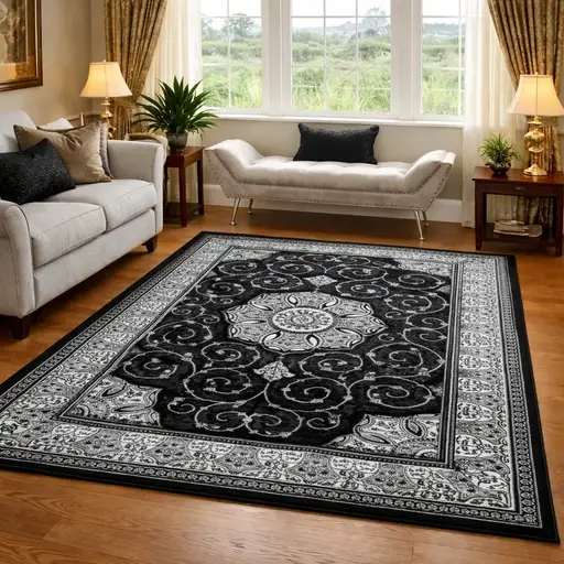 BLACK SILVER TRADITIONAL VINTAGE STYLE WINDSOR RUG