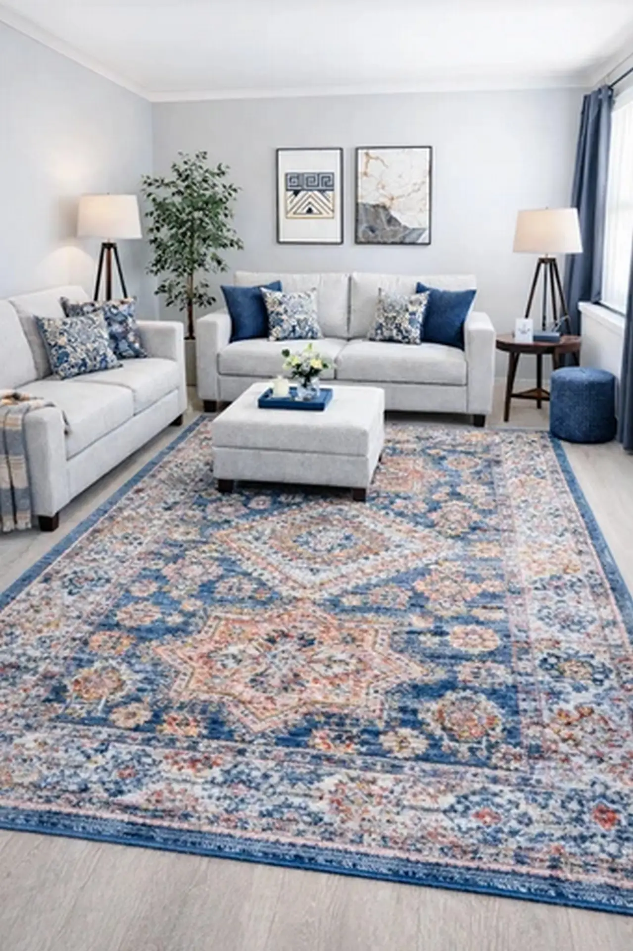 Bohemian Vintage Traditional Distressed Faded Blue Area Mat Runner