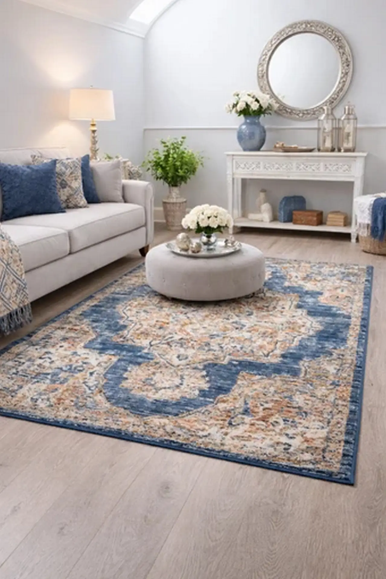 Bohemian Vintage Traditional Distressed Faded Blue Colored Medallion Mat