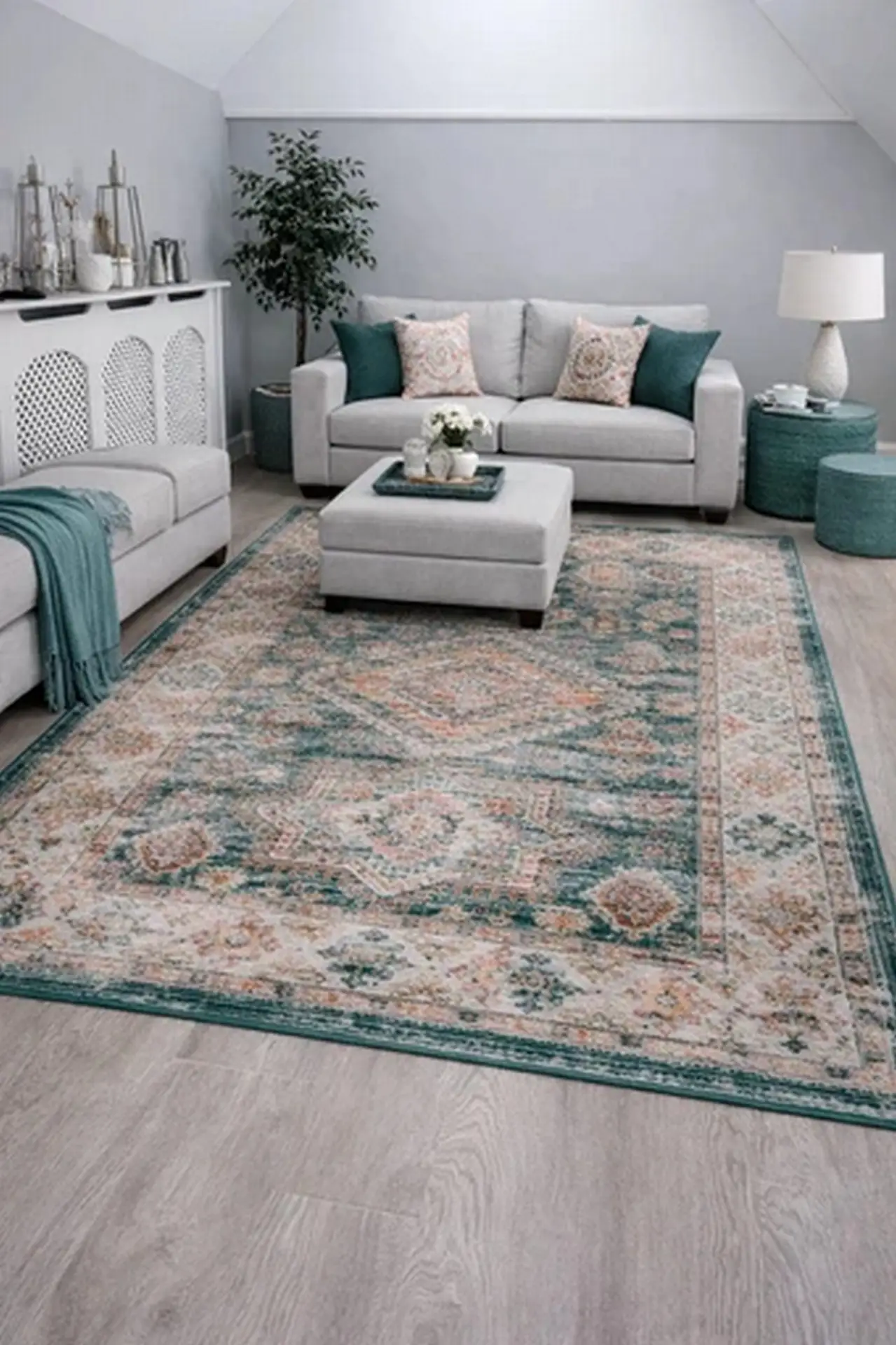 Bohemian Vintage Traditional Distressed Faded Emerald Green Colored Mat