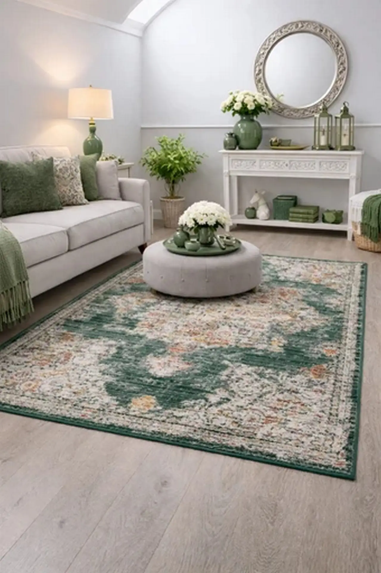 Bohemian Vintage Traditional Distressed Faded Emerald Green Colored Medallion Mat