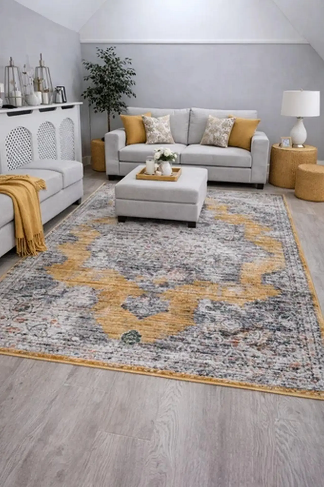 Bohemian Vintage Traditional Distressed Faded Ochre Medallion Design Rug