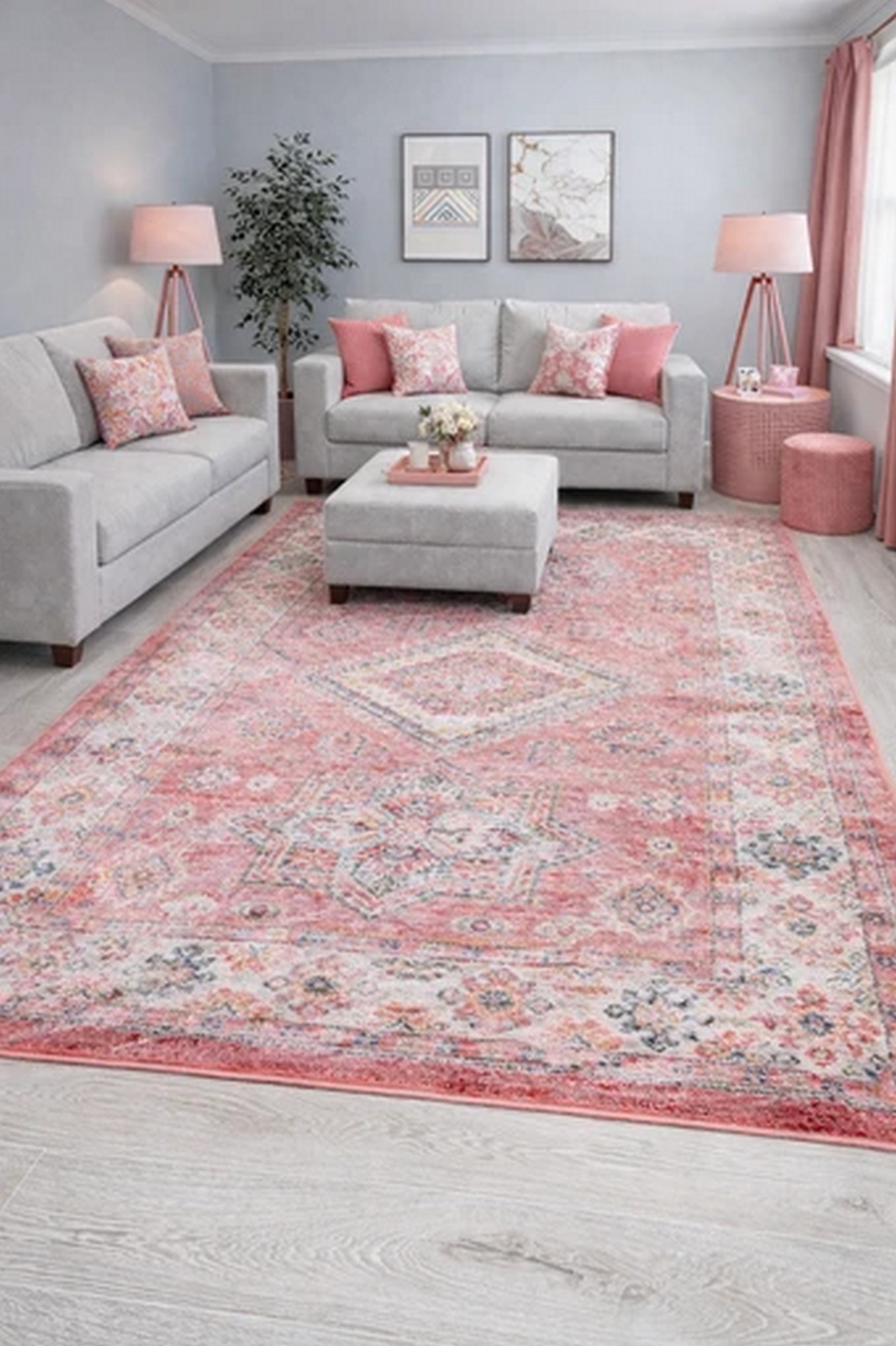 Bohemian Vintage Traditional Distressed Faded Pink Terracotta Area Mat Runner