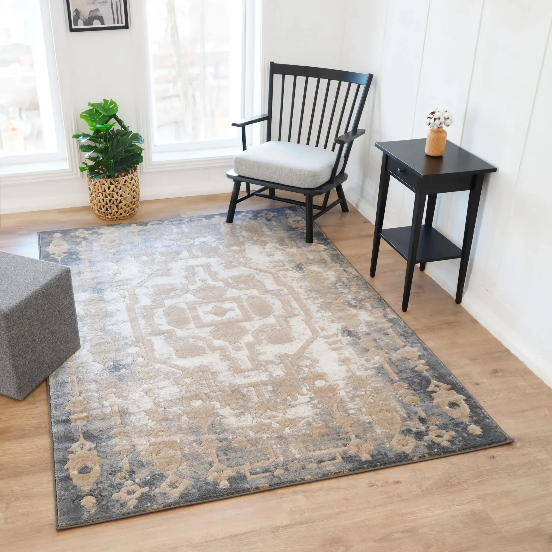 Beige Gold Silver Grey Modern Traditional Distressed Medallion Design Rug Soft Quality Lounge Area Rugs