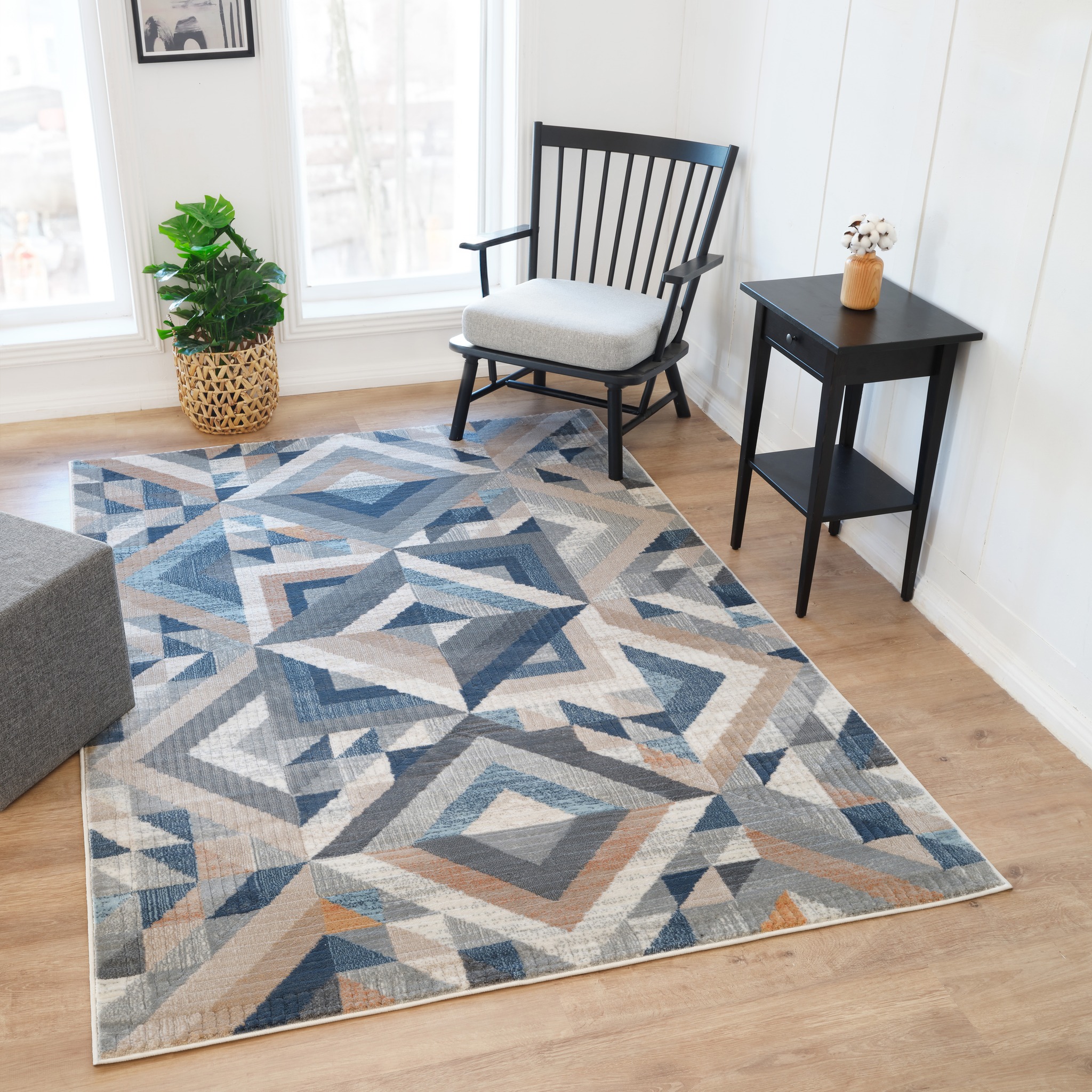 Terra Grey Silver Blue Geometric Design Rug Soft Quality Lounge Area Rugs