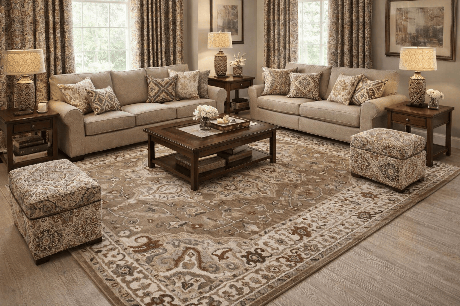 Traditional Brown Medallion Area Rug with Cream Border