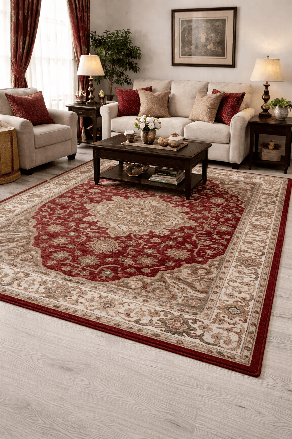 Traditional Red Medallion Area Rug with Cream Border