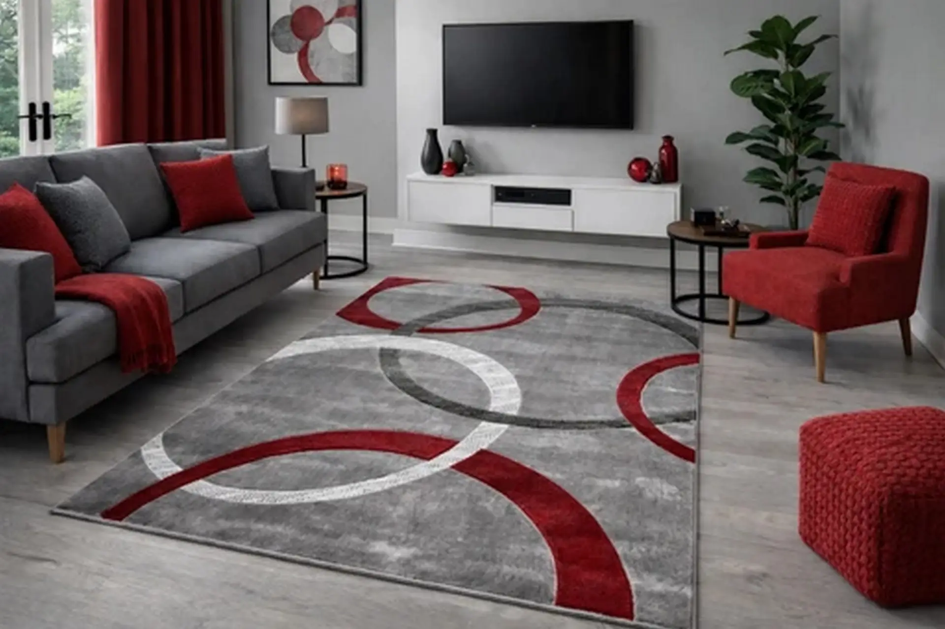 Modern Area Rug with Abstract Rings Design Red Silver Grey Contemporary Living Room Carpet