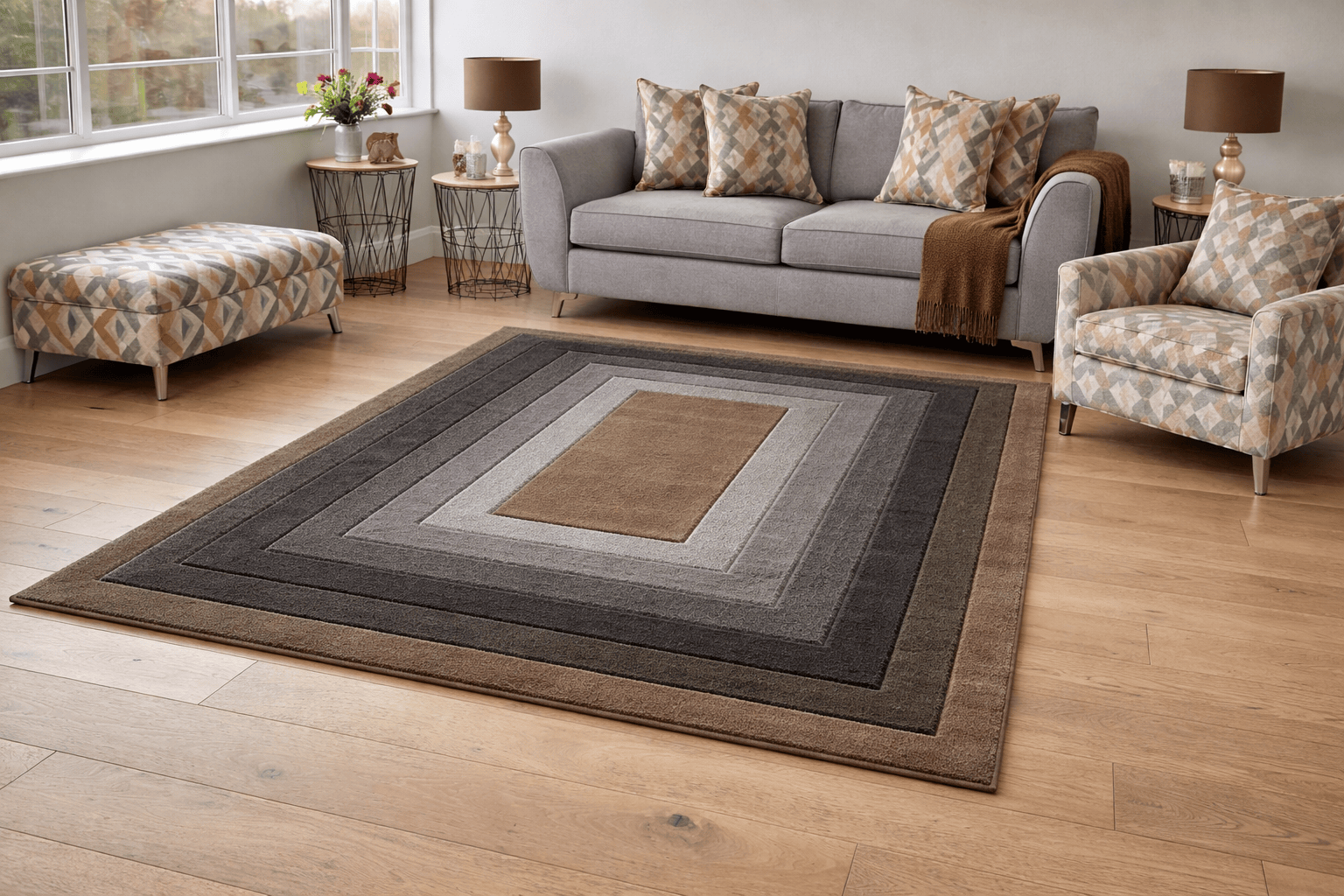 Taupe Brown Silver Grey Border Design Area Rug