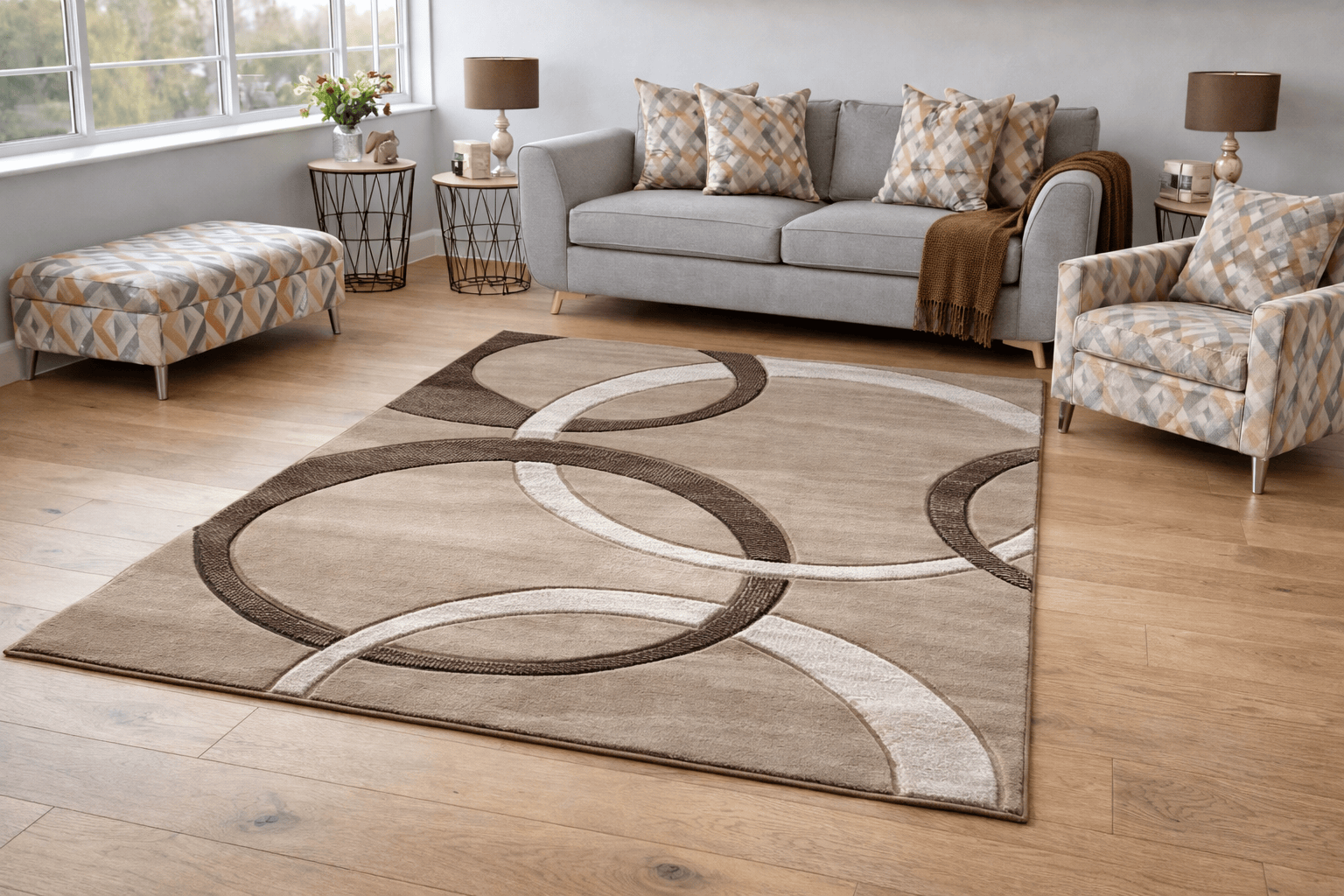 Modern Area Rug with Abstract Rings Design Beige Brown Contemporary Living Room Carpet