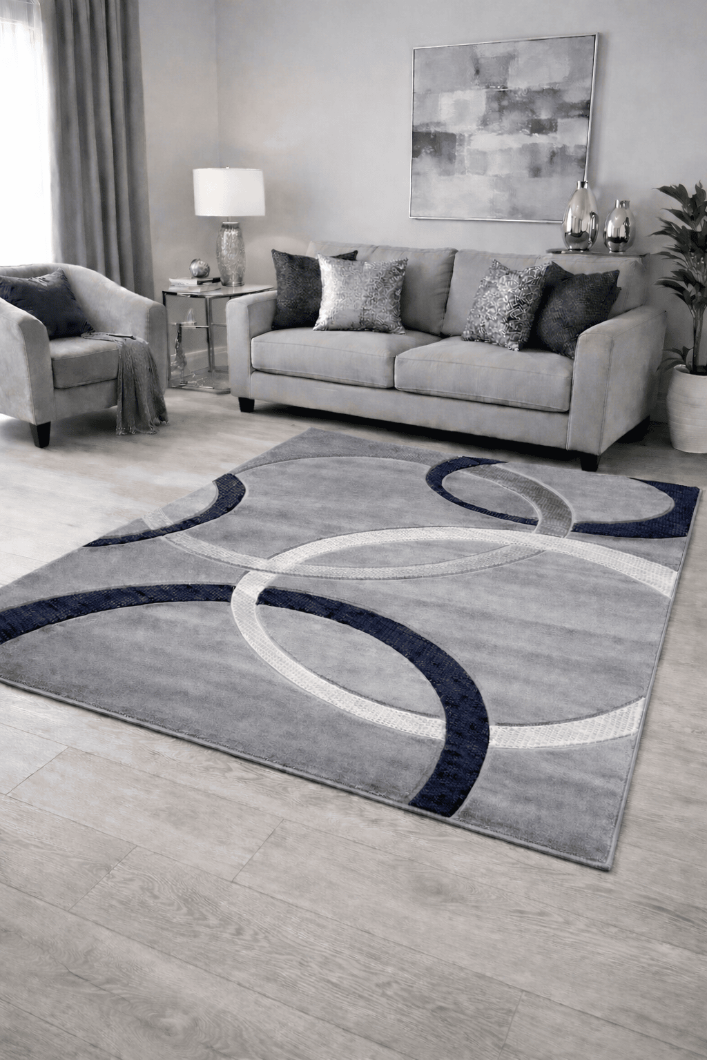 Modern Area Rug with Abstract Rings Design Navy Silver Grey Contemporary Living Room Carpet