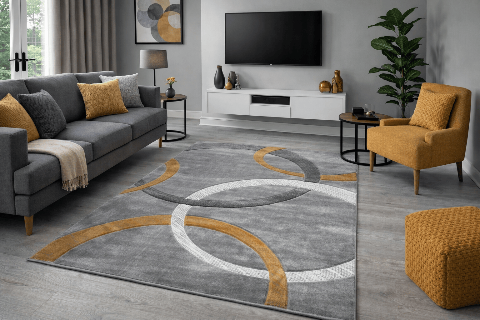 Modern Area Rug with Abstract Rings Design Ochre Silver Grey Contemporary Living Room Carpet