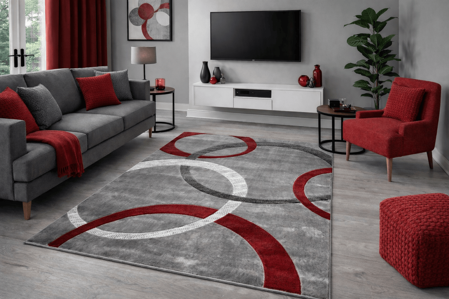 Modern Area Rug with Abstract Rings Design Red Silver Grey Contemporary Living Room Carpet