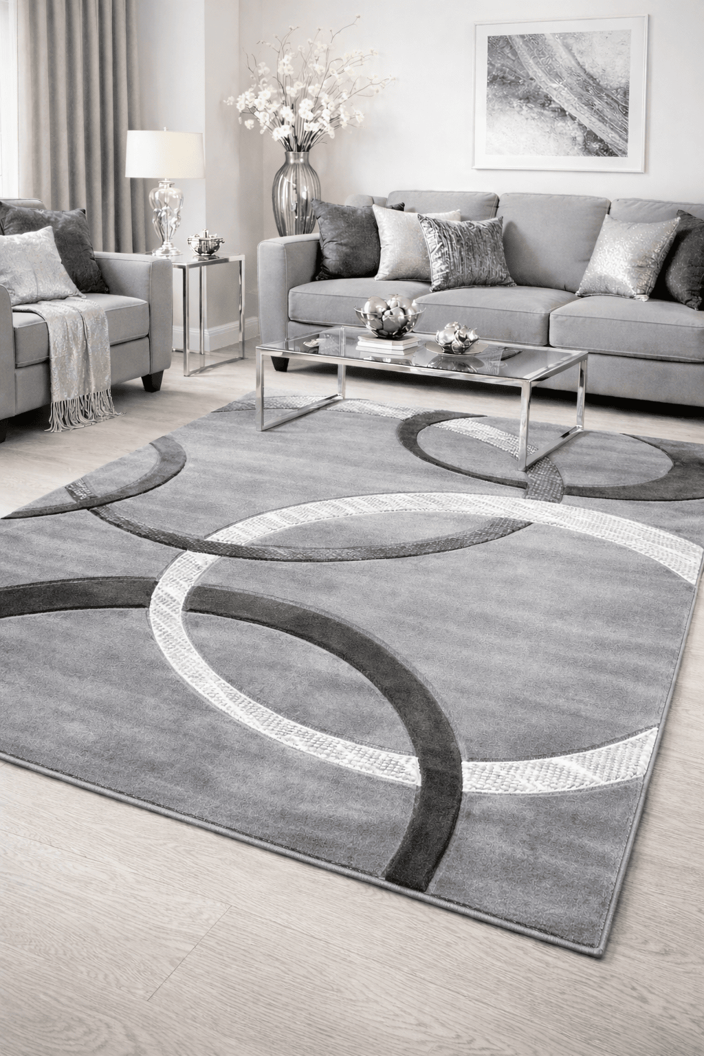 Modern Area Rug with Abstract Rings Design Silver Grey Contemporary Living Room Carpet