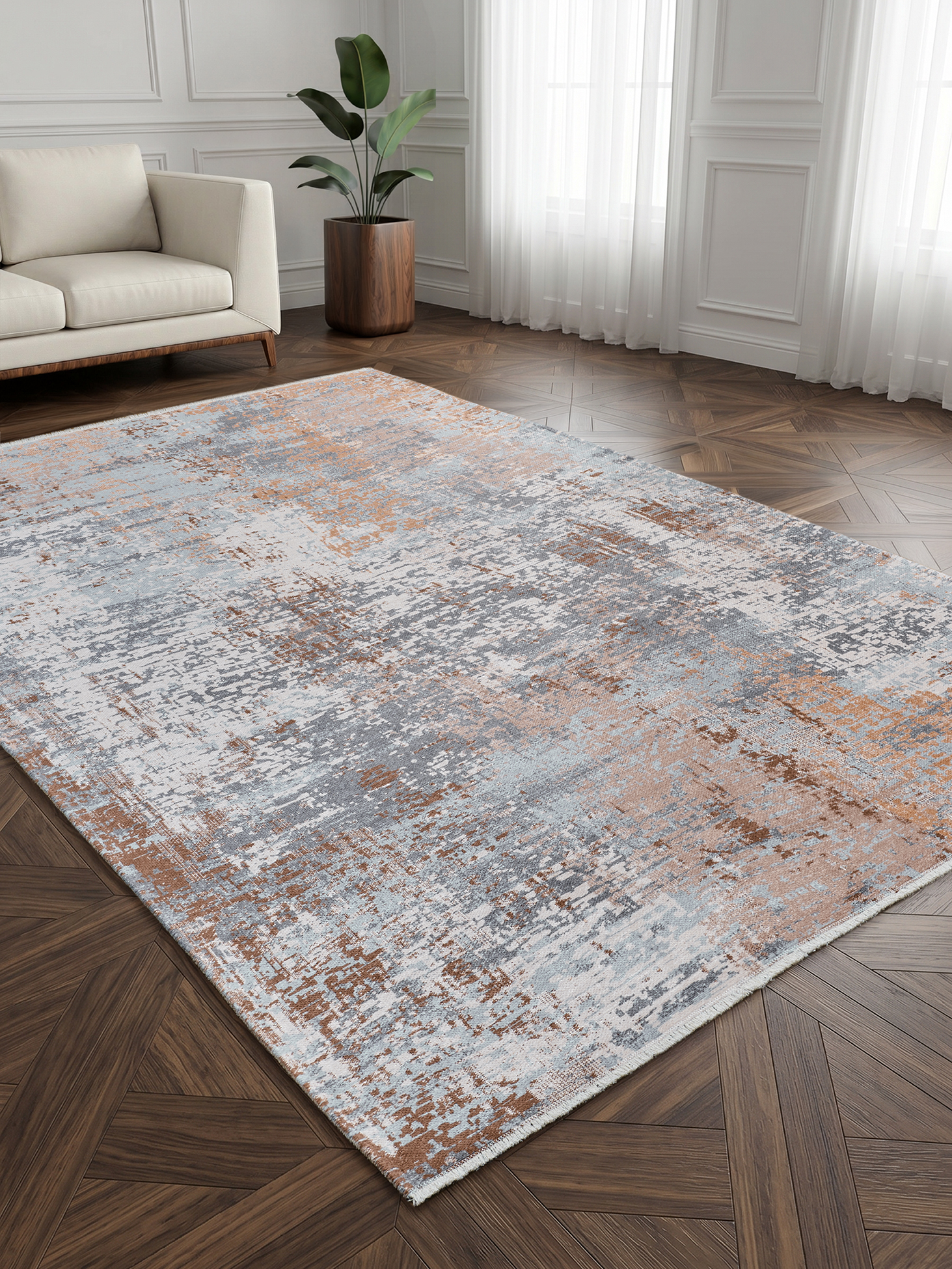 Beige Silver Abstract Rug – Modern Living Room, Bedroom & Hallway Flatwoven Rug | Recycled Cotton, Stain Resistant
